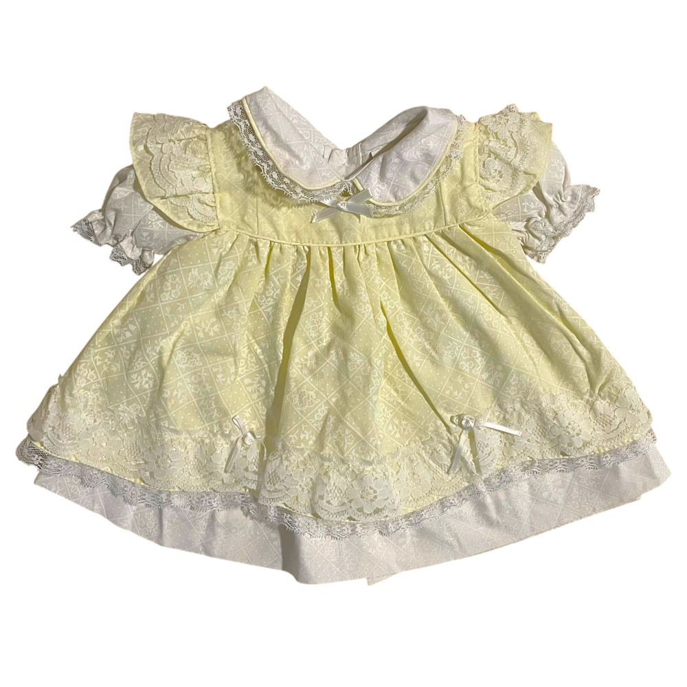 Vintage Baby Mayfair 2 pc Dress Pinafore Yellow White Ruffle Lace Newborn-14 lbs